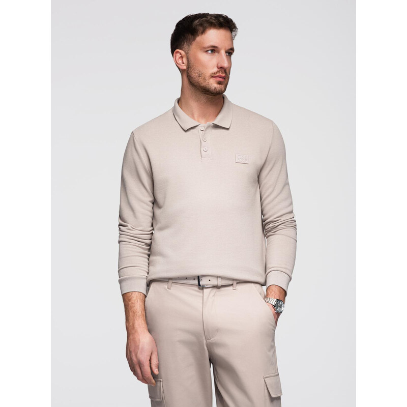Ombre Mens structured polo longsleeve with patch - ash