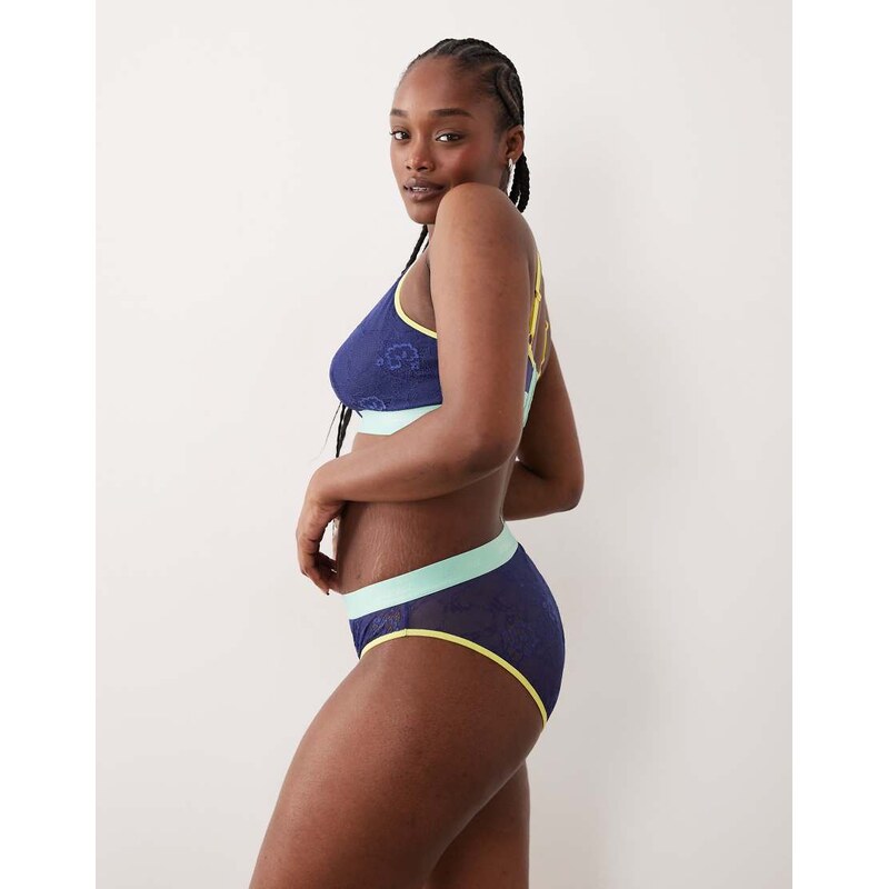 Lemonade Dolls Trilogy lace mid rise brief in navy and green-Multi 113291100