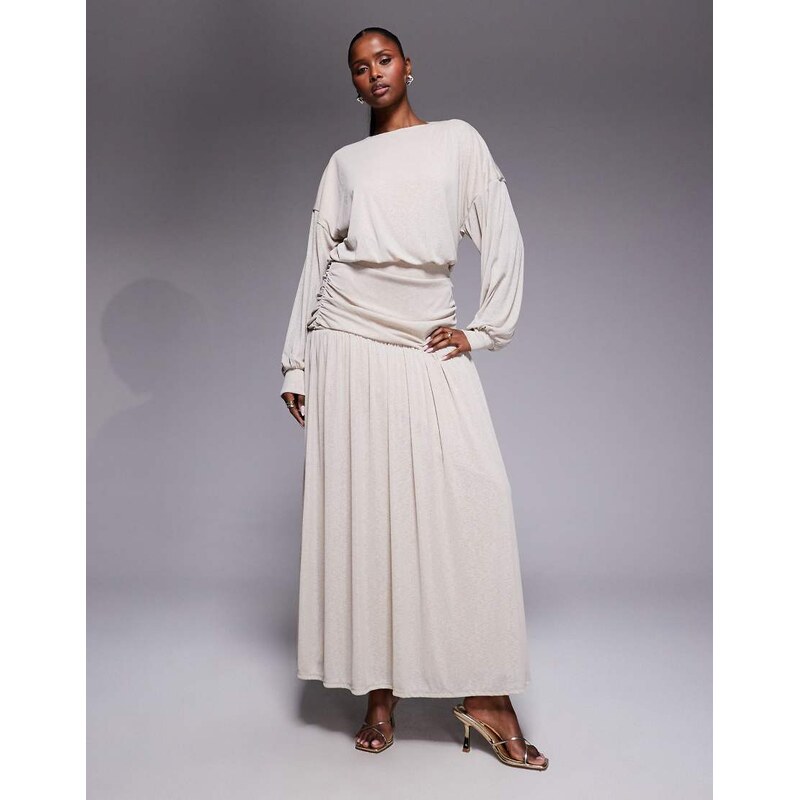 Daska lightweight ruched drop waist drape detail maxi dress in stone 114471284
