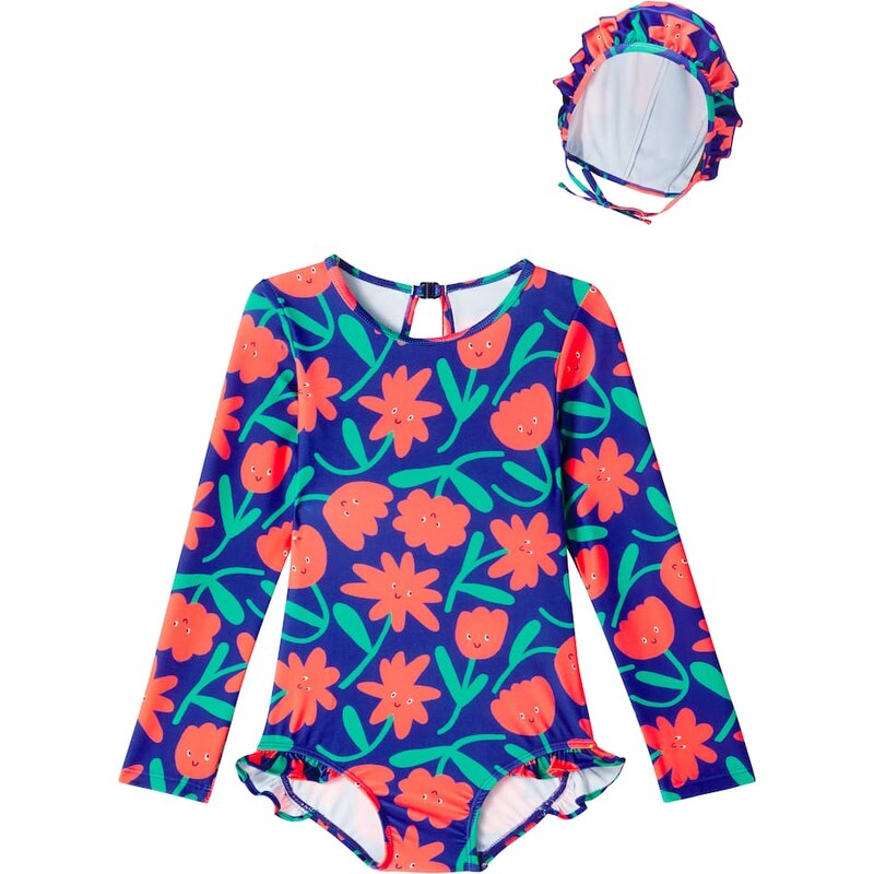 Jellymallow Floral ruffled swimsuit and cap set
