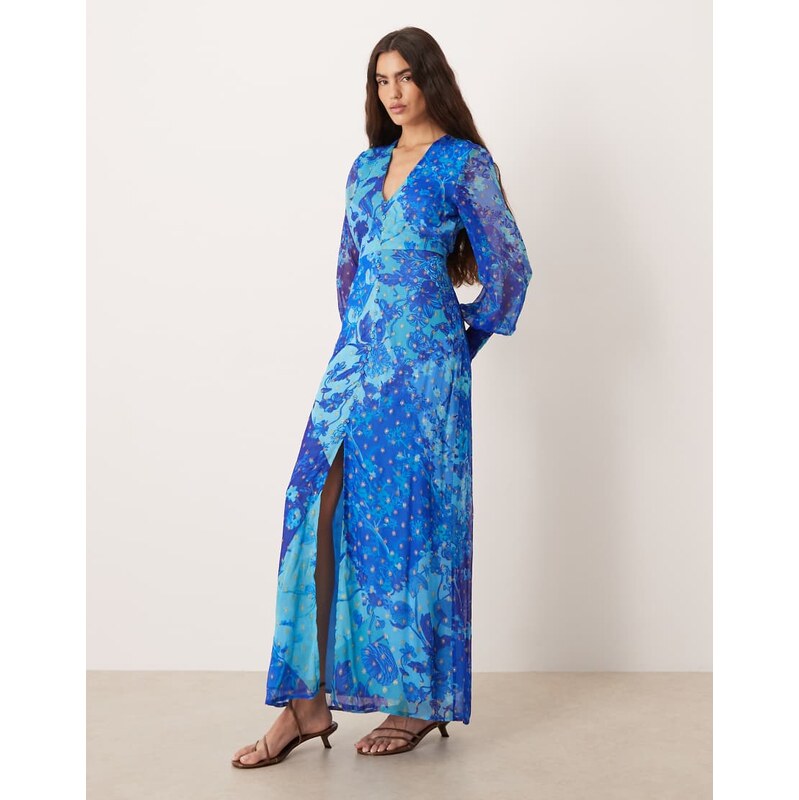 Hope & Ivy v neck button front long sleeved maxi dress in blue