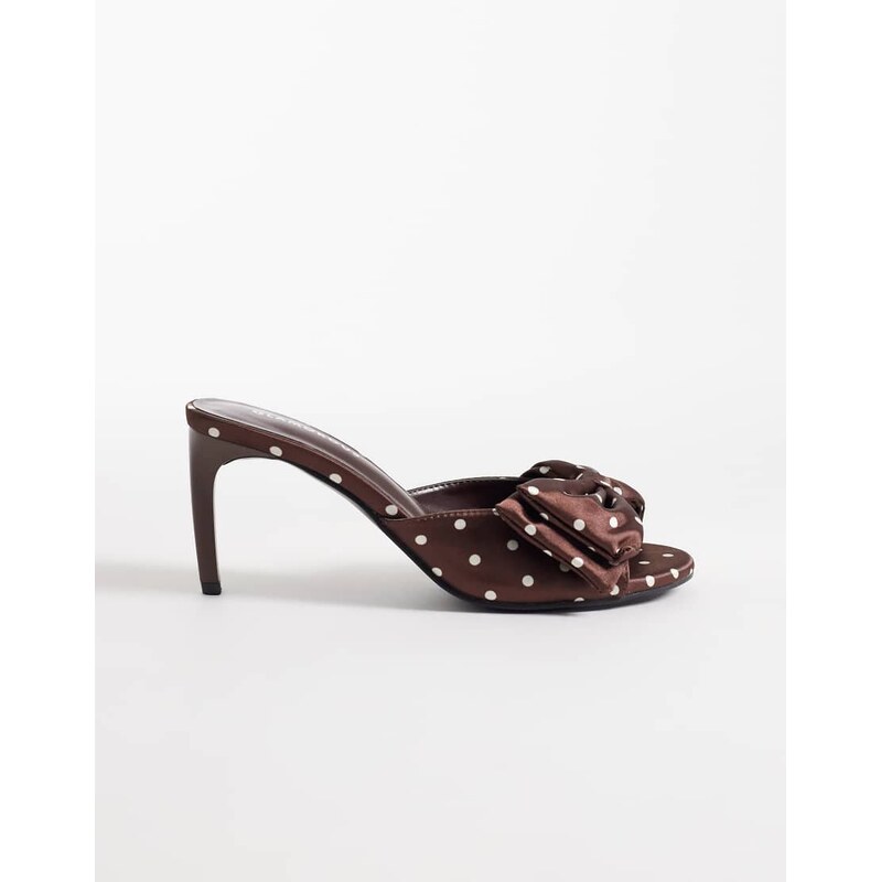 Glamorous mule sandals with bow in brown polka dot satin 115518973