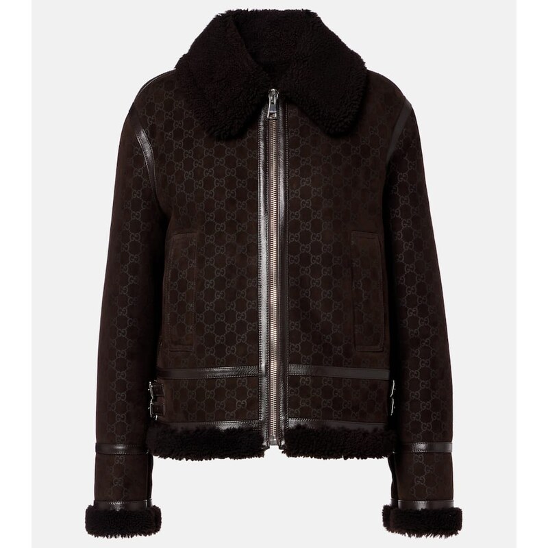 Kožená bunda Gucci GG s vlněným okrajem, hnědá barva