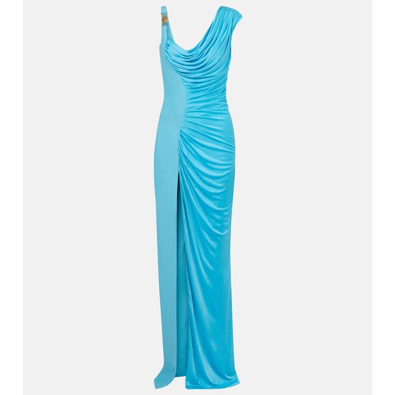 Azurové šaty Versace Medusa, drapovaný model, vyrobené v Itálii