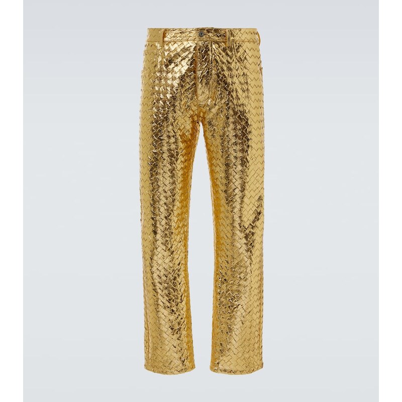 Bottega Veneta Intrecciato metallic leather straight pants