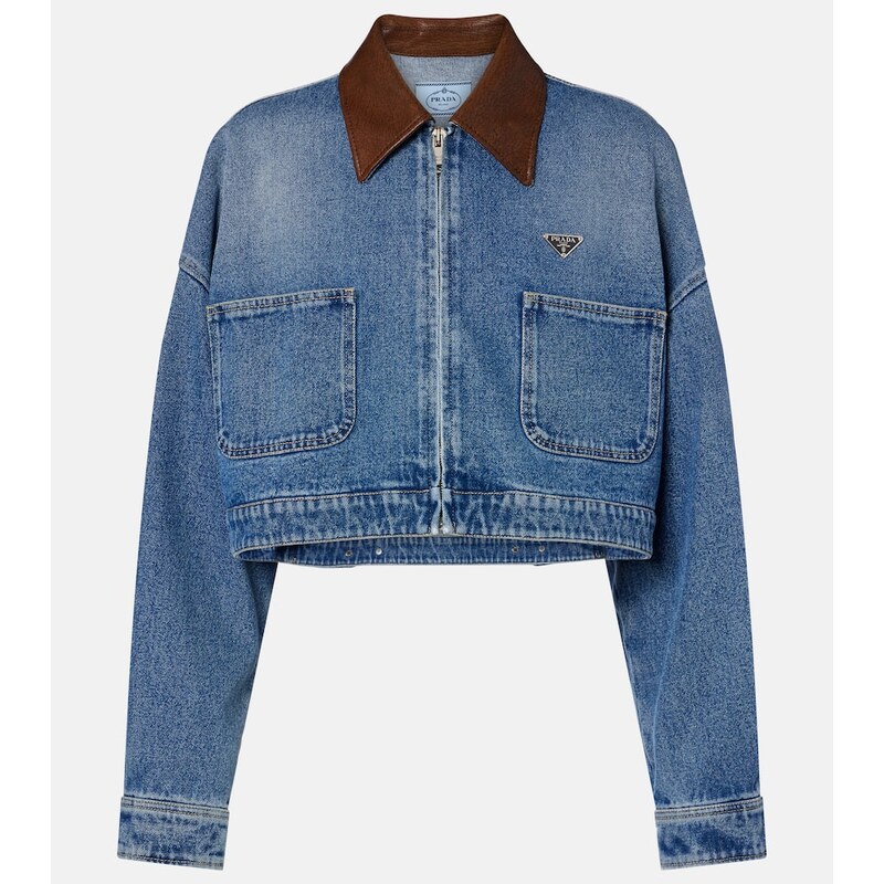 Prada Leather-trimmed cropped denim jacket