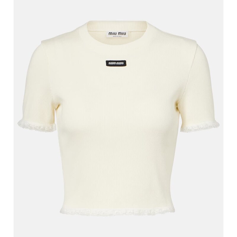 Miu Miu Cropped lace-trimmed cotton T-shirt
