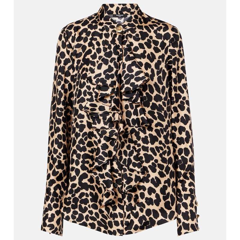 Balmain Leopard-print ruffled silk blouse
