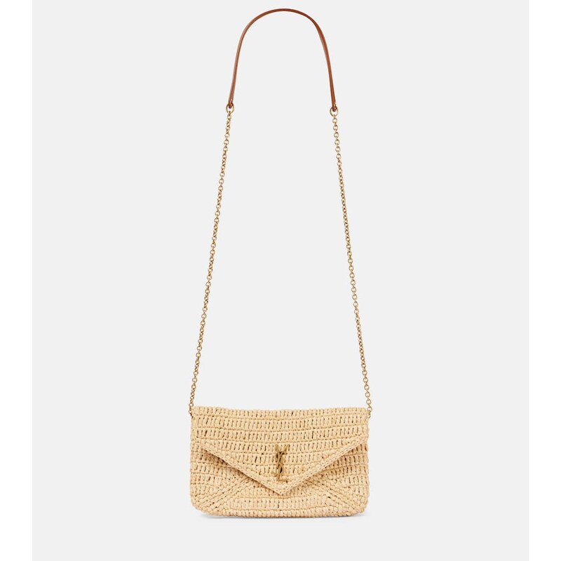 Saint Laurent Cassandre Mini raffia kabelka v barvě Pale Brown/Brick