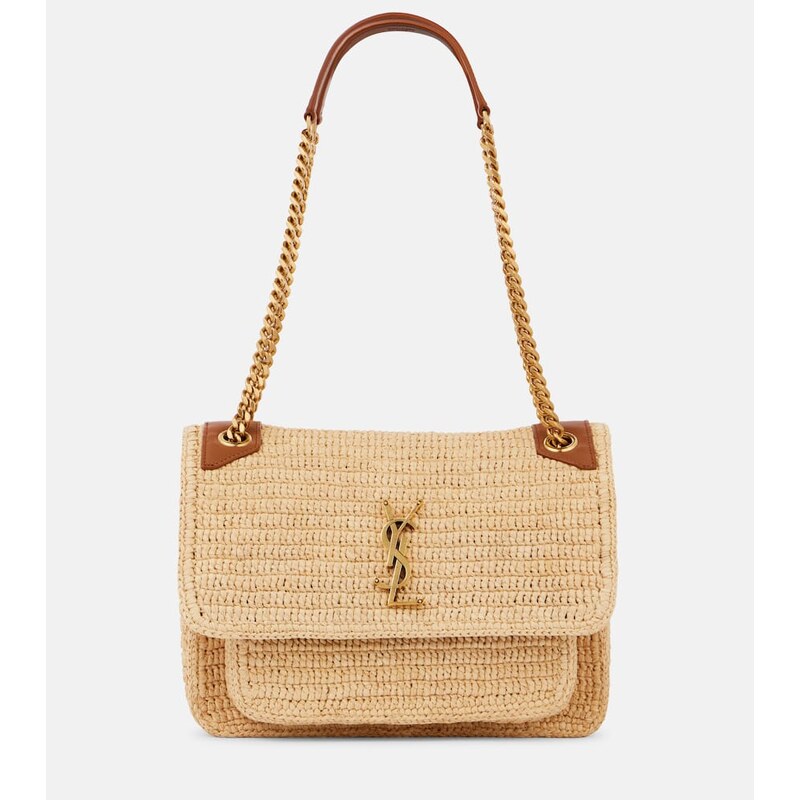 Saint Laurent Niki Medium raffia kabelka v barvě Pale Brown/Brick