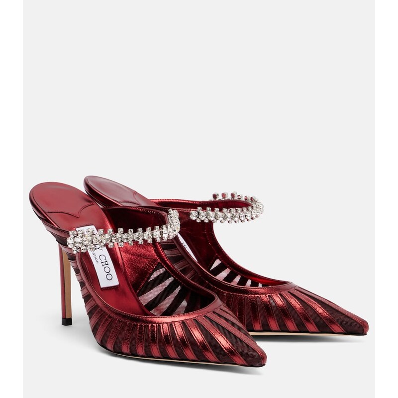 Jimmy Choo Bing 100 metallic leather and mesh mules