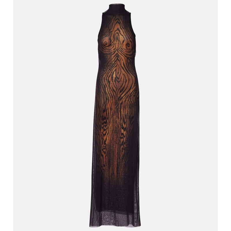 Jean Paul Gaultier Wood printed mesh maxi dress
