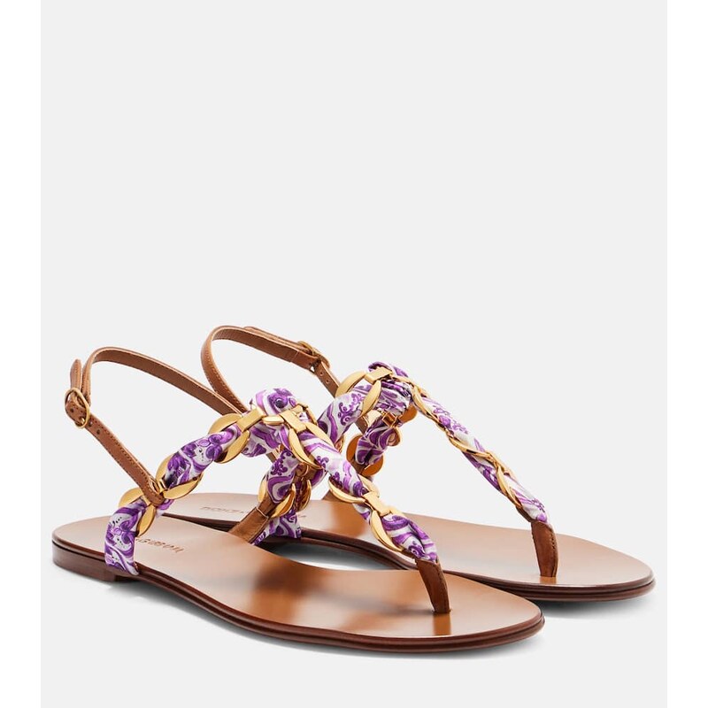 Dolce&Gabbana Majolica leather-trimmed satin thong sandals