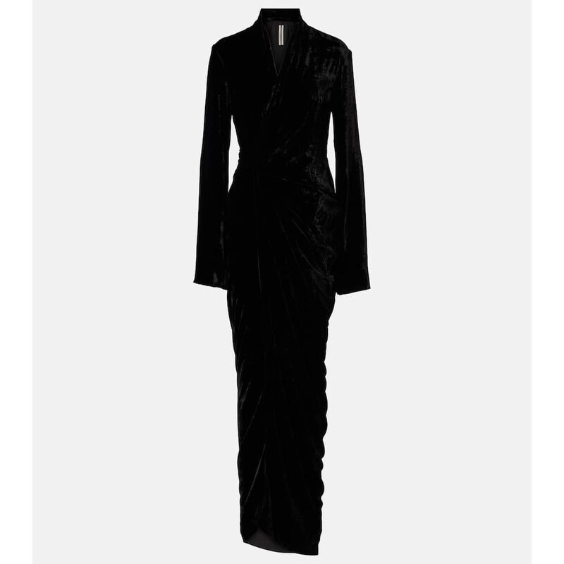 Černé rouchové šaty Rick Owens s V-krkem a pásem