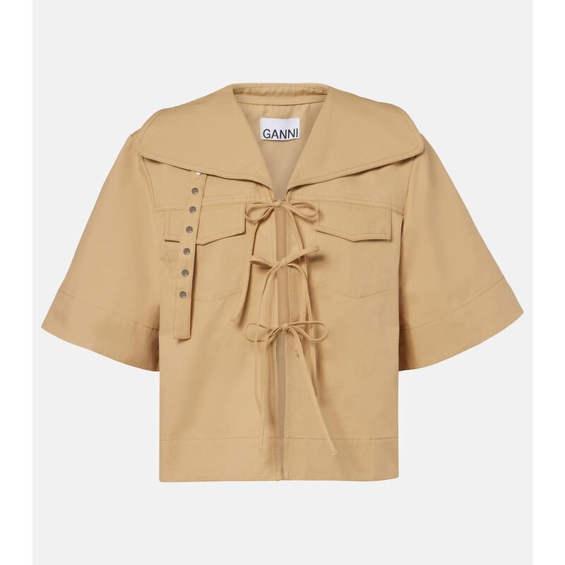 Ganni Bow-detail cotton and linen top