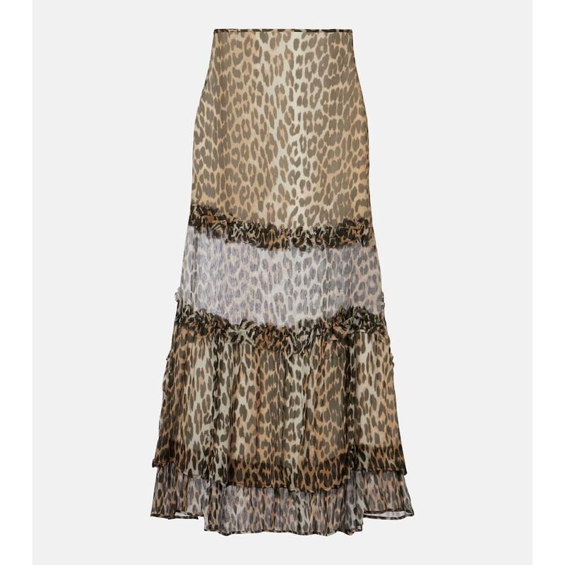 Ganni Leopard-print ruffled chiffon maxi skirt