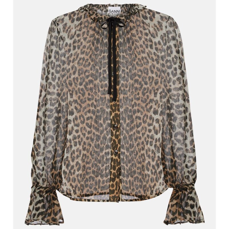 Ganni Leopard-print tie-neck chiffon blouse