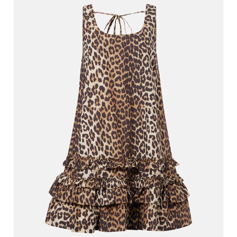Ganni Leopard-print ruffled cotton poplin minidress