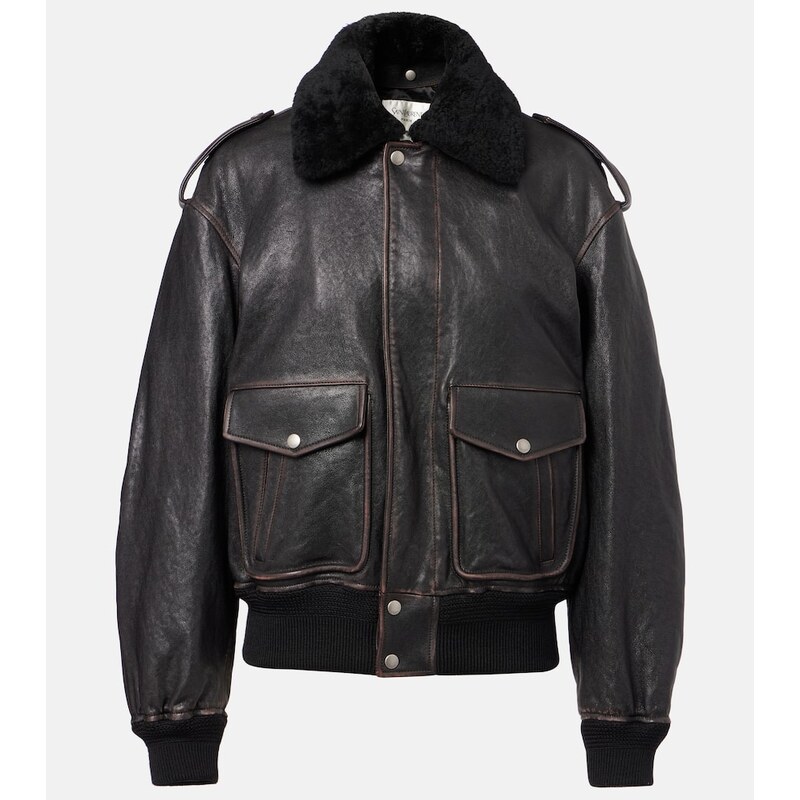 Kožená bunda Saint Laurent s vlněným rámem, černá