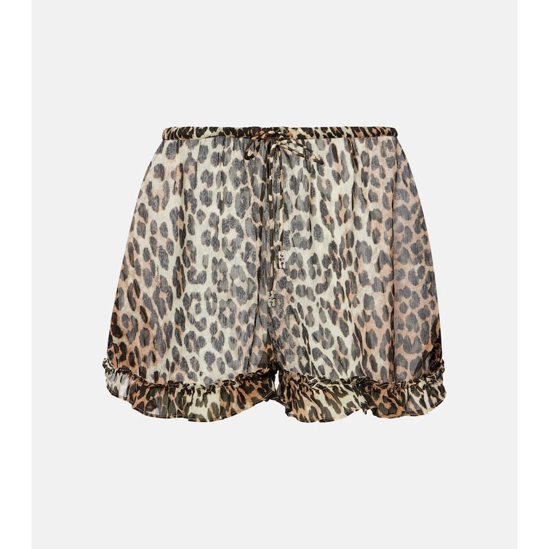 Ganni Leopard-print ruffled chiffon shorts