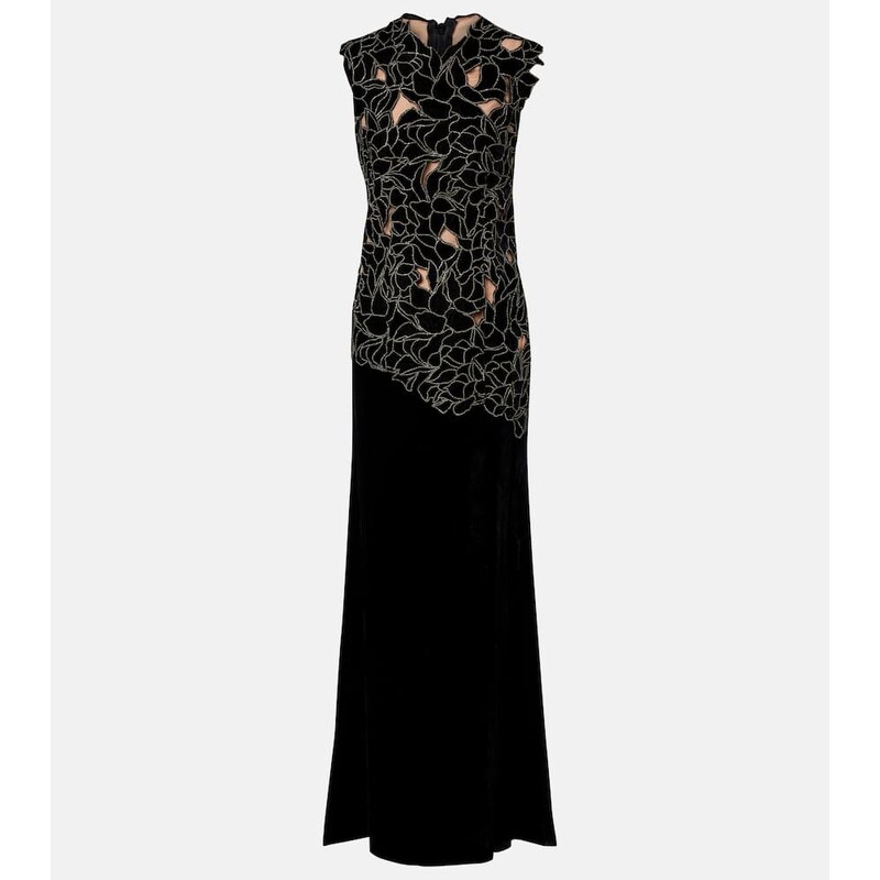 Costarellos Serisa embellished lace-trimmed velvet gown
