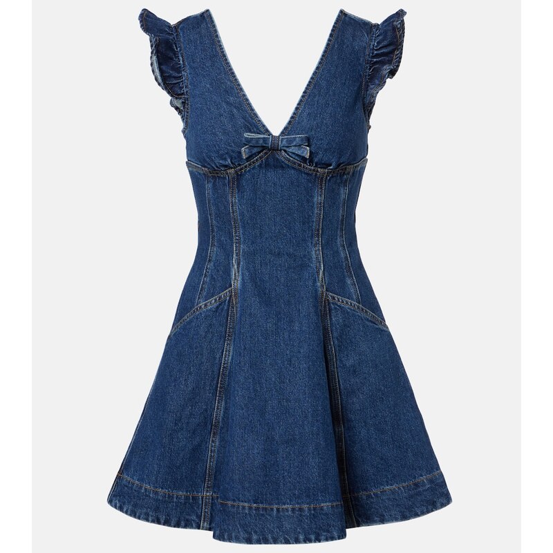 Self-Portrait Bow-detail ruffled denim minidress