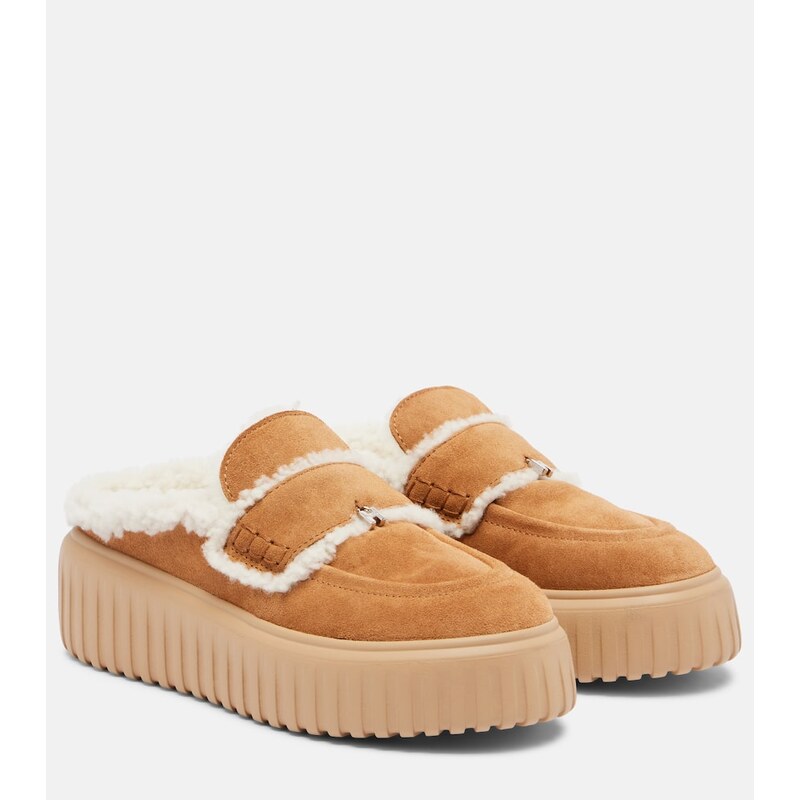 Hogan Shearling-trimmed suede slippers