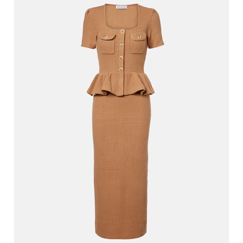 Self-Portrait Peplum waffle-knit midi dress