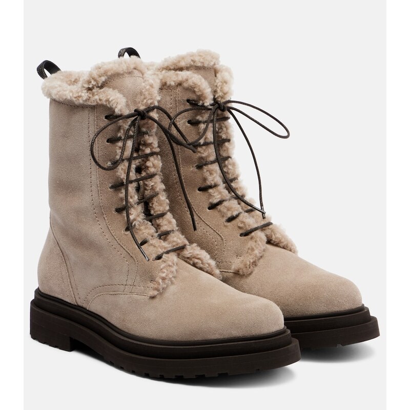 Brunello Cucinelli Shearling-trimmed suede combat boots