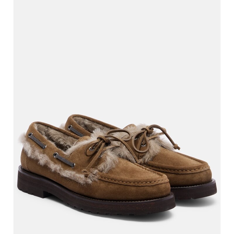 Brunello Cucinelli Shearling-lined suede boat shoes
