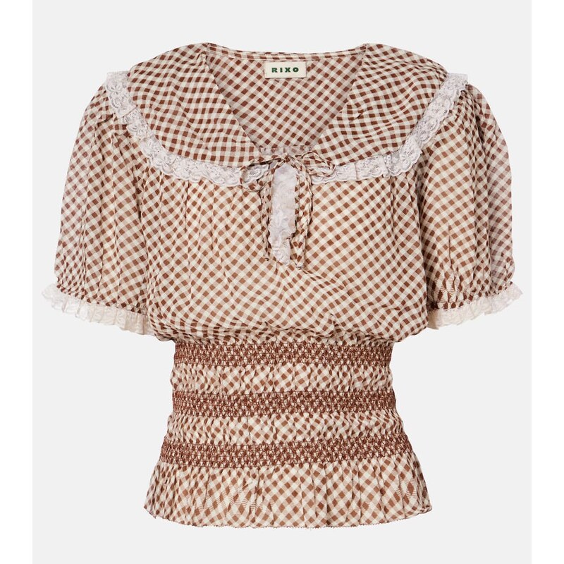 Rixo Britt gingham shirred crÃªpe top