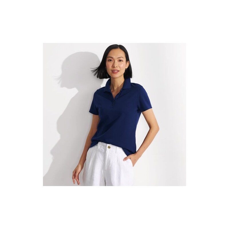 Short Sleeve Supima Polo Shirt, Women, size: M, petite, Blue,