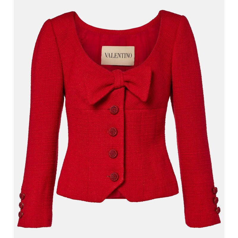 Valentino Bow-detail cropped wool-blend tweed jacket