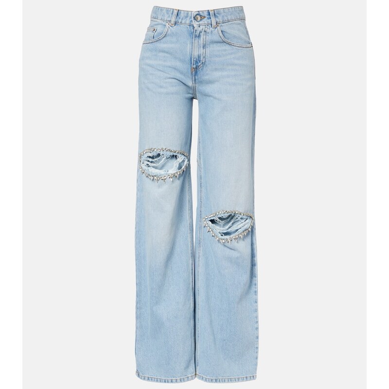 Area Distressed embellished wide-leg jeans