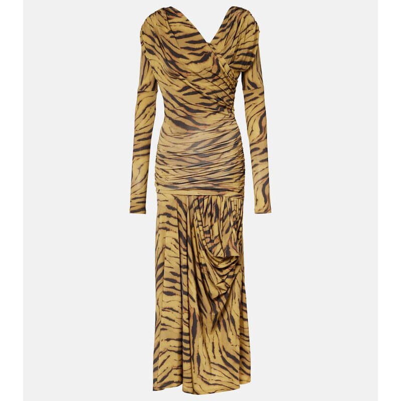 Ganni Asymmetric draped tiger-print maxi dress