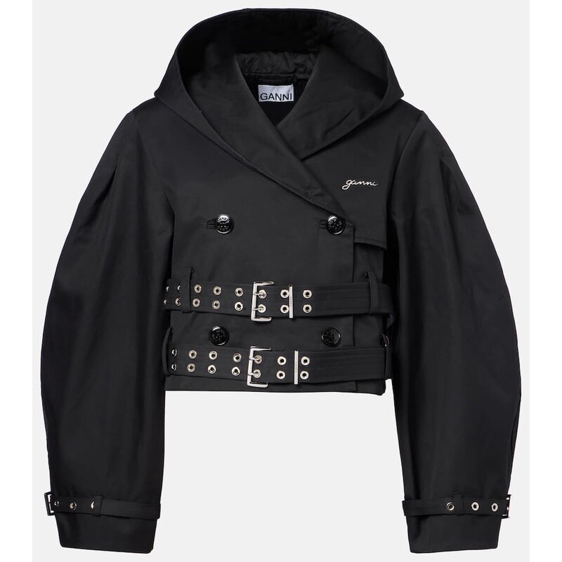 Ganni Belted cropped cotton jacket