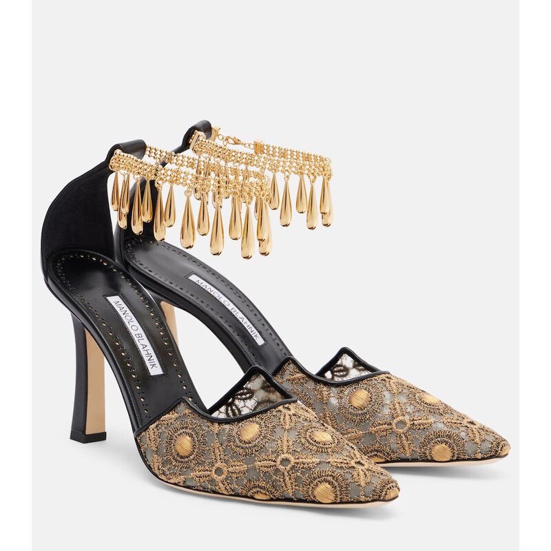 Manolo Blahnik Harnicus 105 leather-trimmed lace pumps