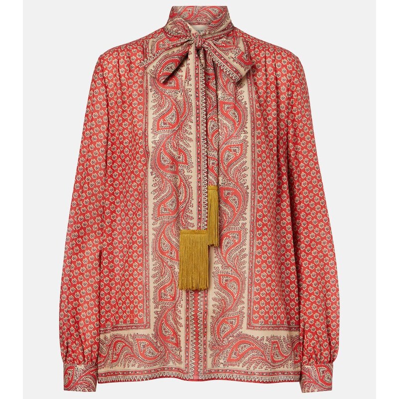 Valentino Printed tie-neck cotton blouse