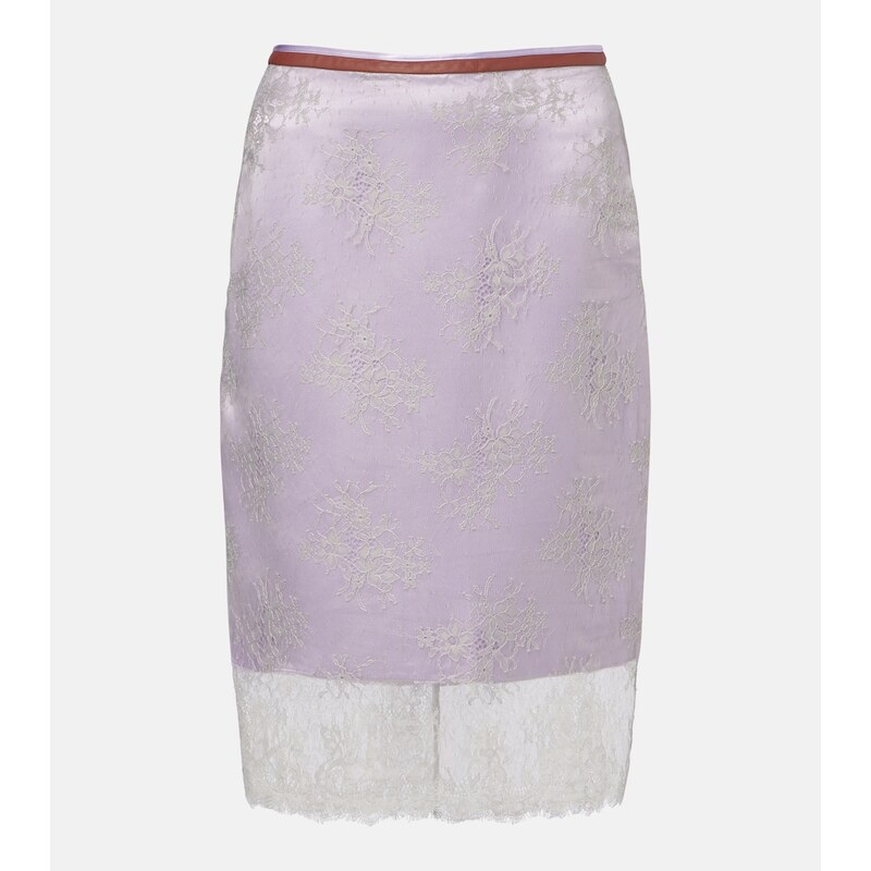 Jacques Wei Embroidered leather-trimmed lace midi skirt