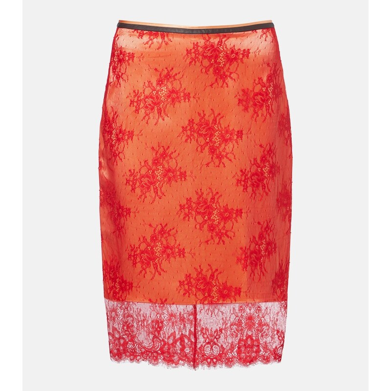 Jacques Wei Embroidered leather-trimmed lace midi skirt