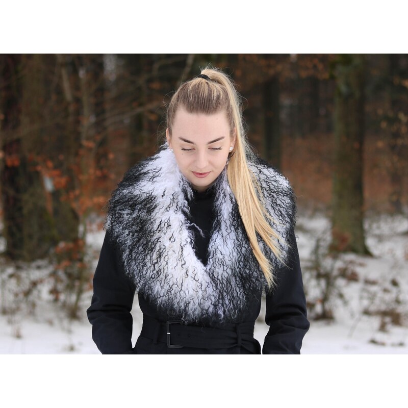 Špongr Kožešinový šálový límec z tibetské ovce L-198 White & Black 90642086