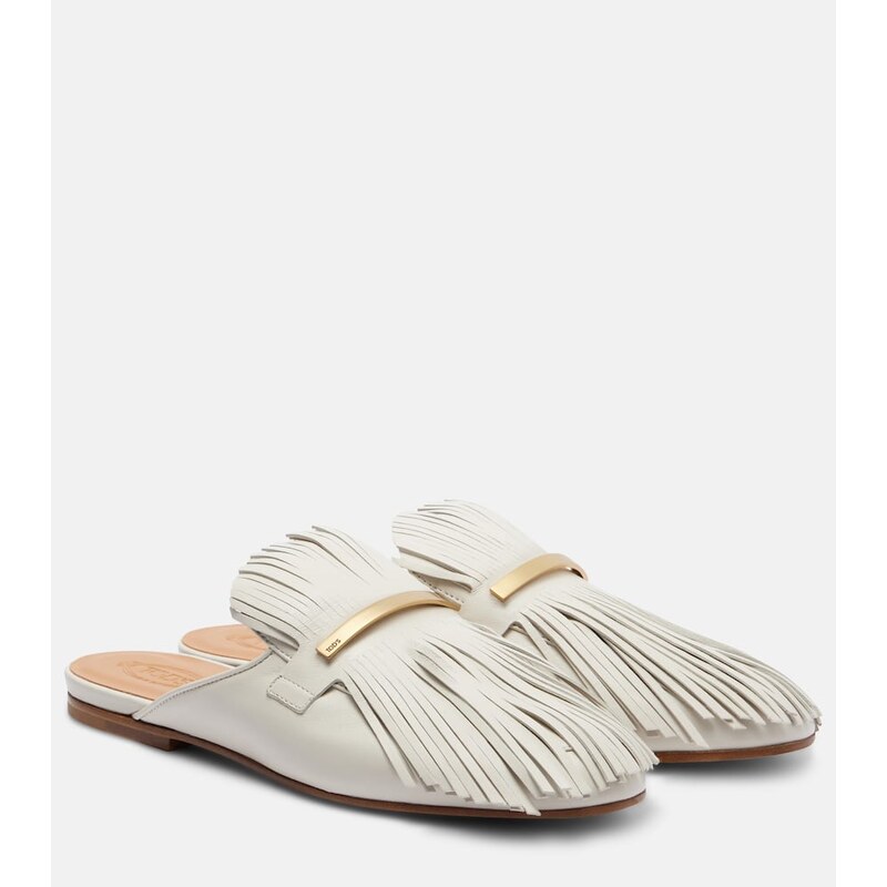 Dámské pantofle Tods Fringed leather mules v bílé barvě