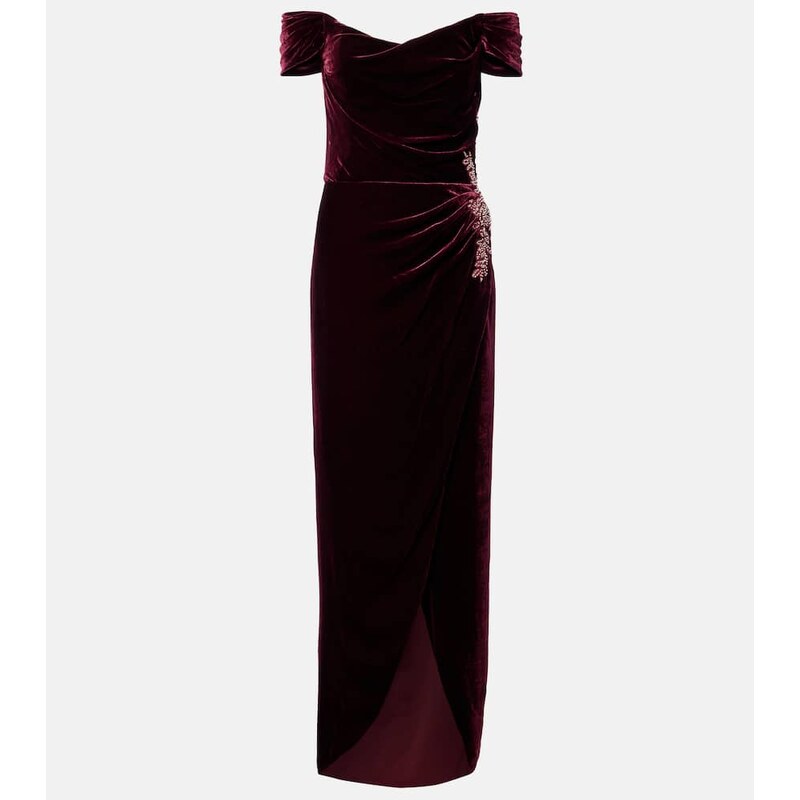 Costarellos Embellished off-shoulder velvet gown