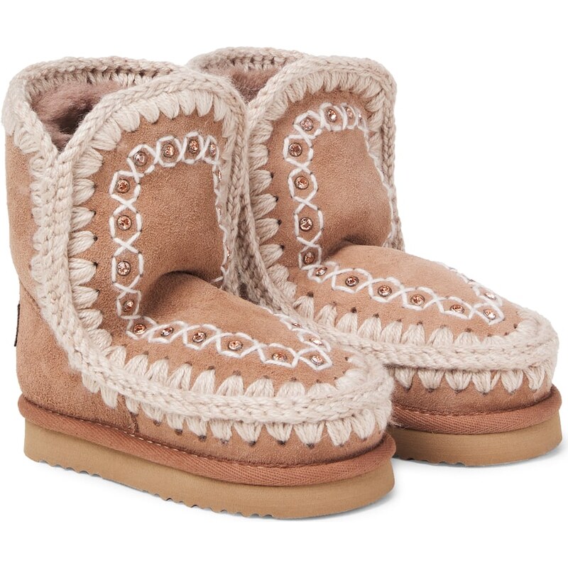 Mou Kids Embroidered shearling-lined suede boots