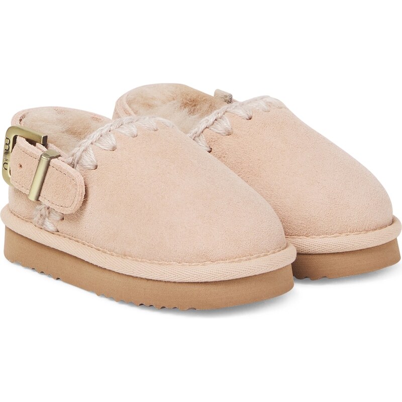 Mou Kids Embroidered shearling-lined suede clogs
