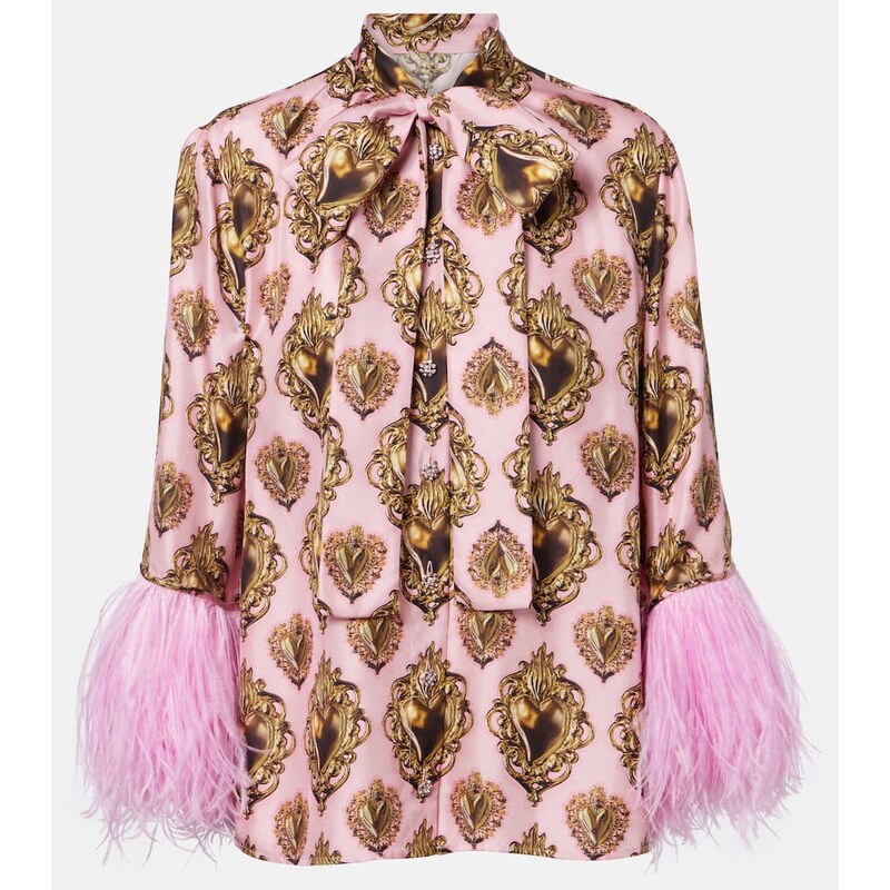 Dolce&Gabbana Feather-trimmed printed silk blouse