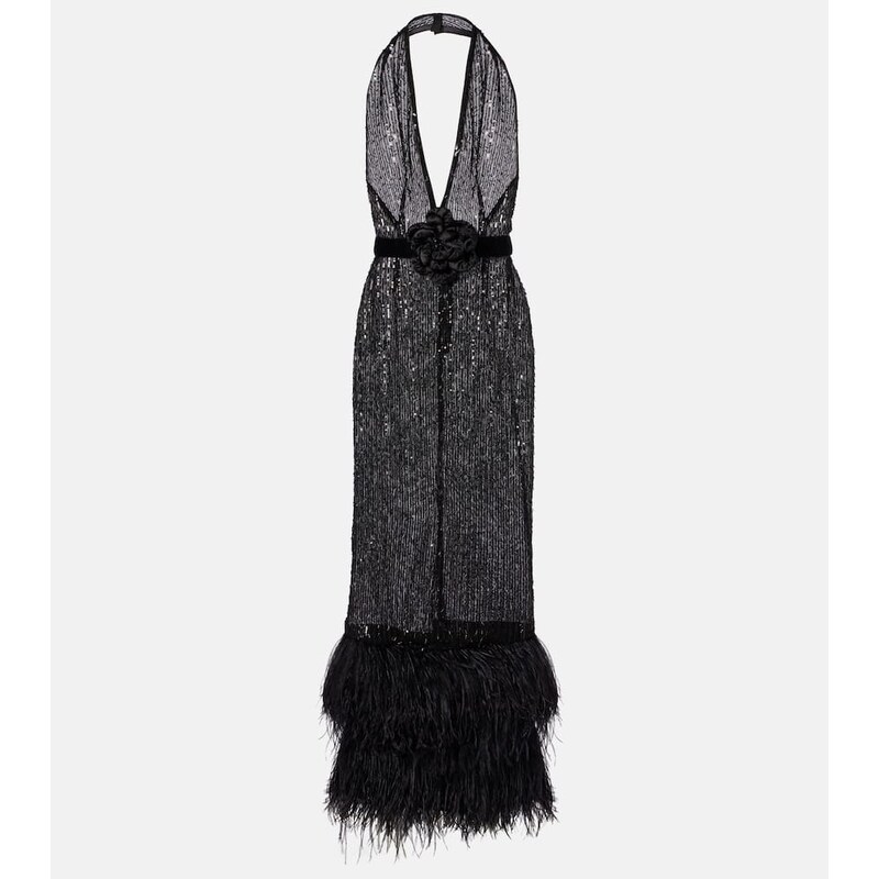 Dolce&Gabbana Feather-trimmed sequined sheer gown