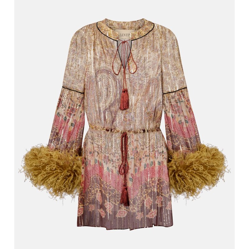 Valentino Paisley feather-trimmed silk-blend blouse