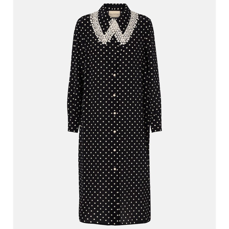 Valentino Polka-dot lace-trimmed silk shirt dress