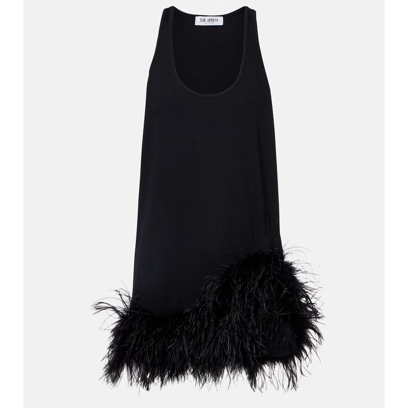 The Attico Ribbed-knit feather-trimmed cotton minidress
